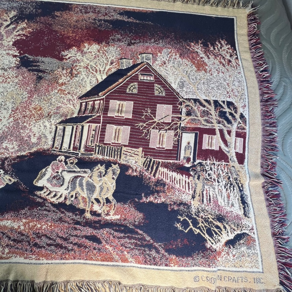Vintage Winter Sleigh Scene Woven Tapestry Throw Blanket USA 48x60 Countryside - Picture 8 of 8